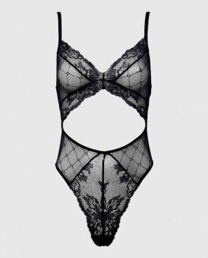 Women's La Senza Unlined Lace Bodysuit Lingerie Black | gdAUr40B