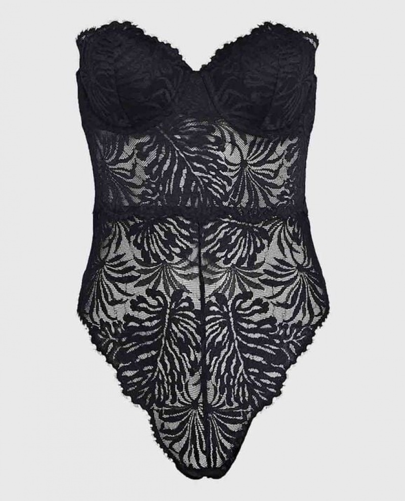 Women\'s La Senza Strapless Lace Bodysuit Lingerie Black | zT6j5vlO